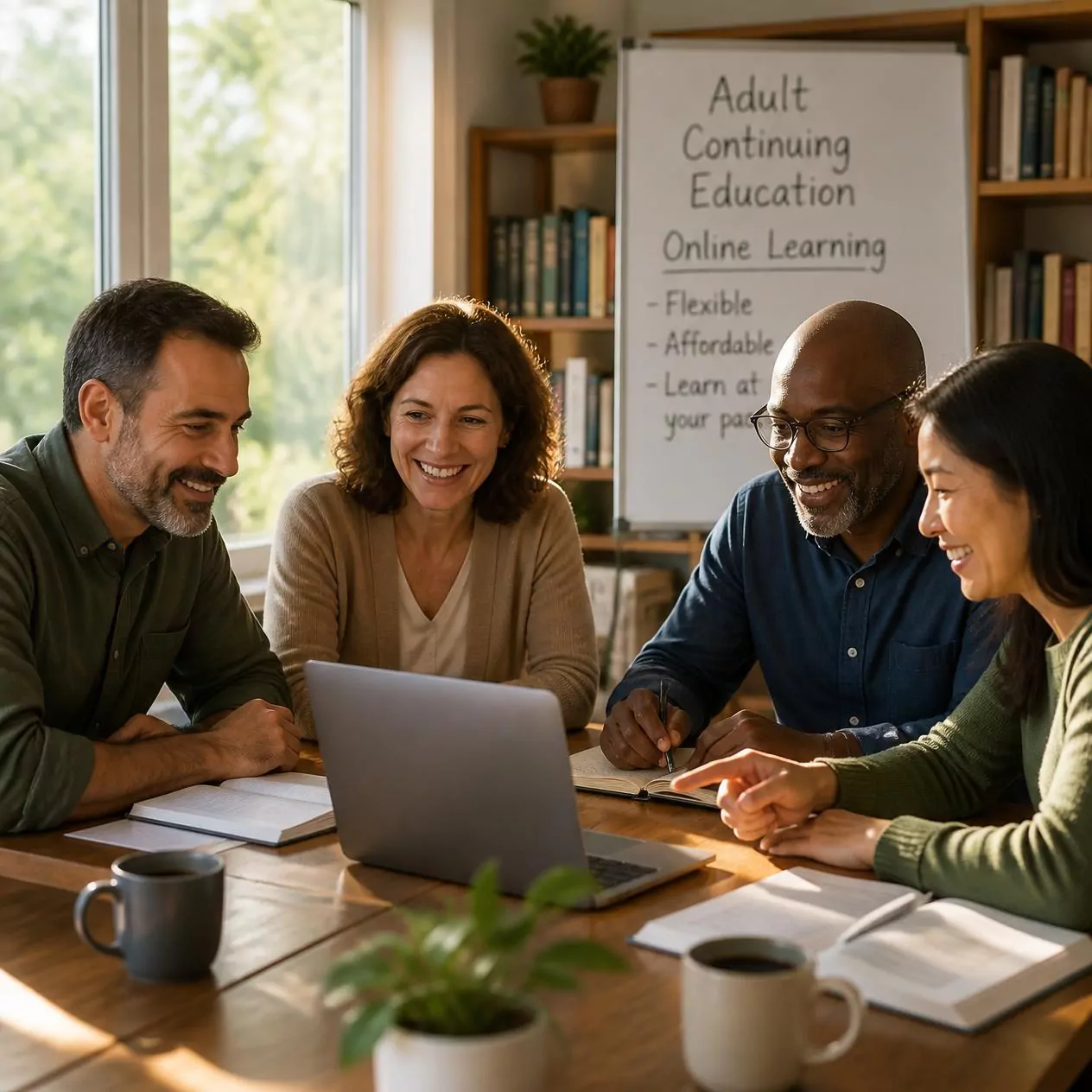 People professionals smiling and collaborating around a laptop during an online learning session
